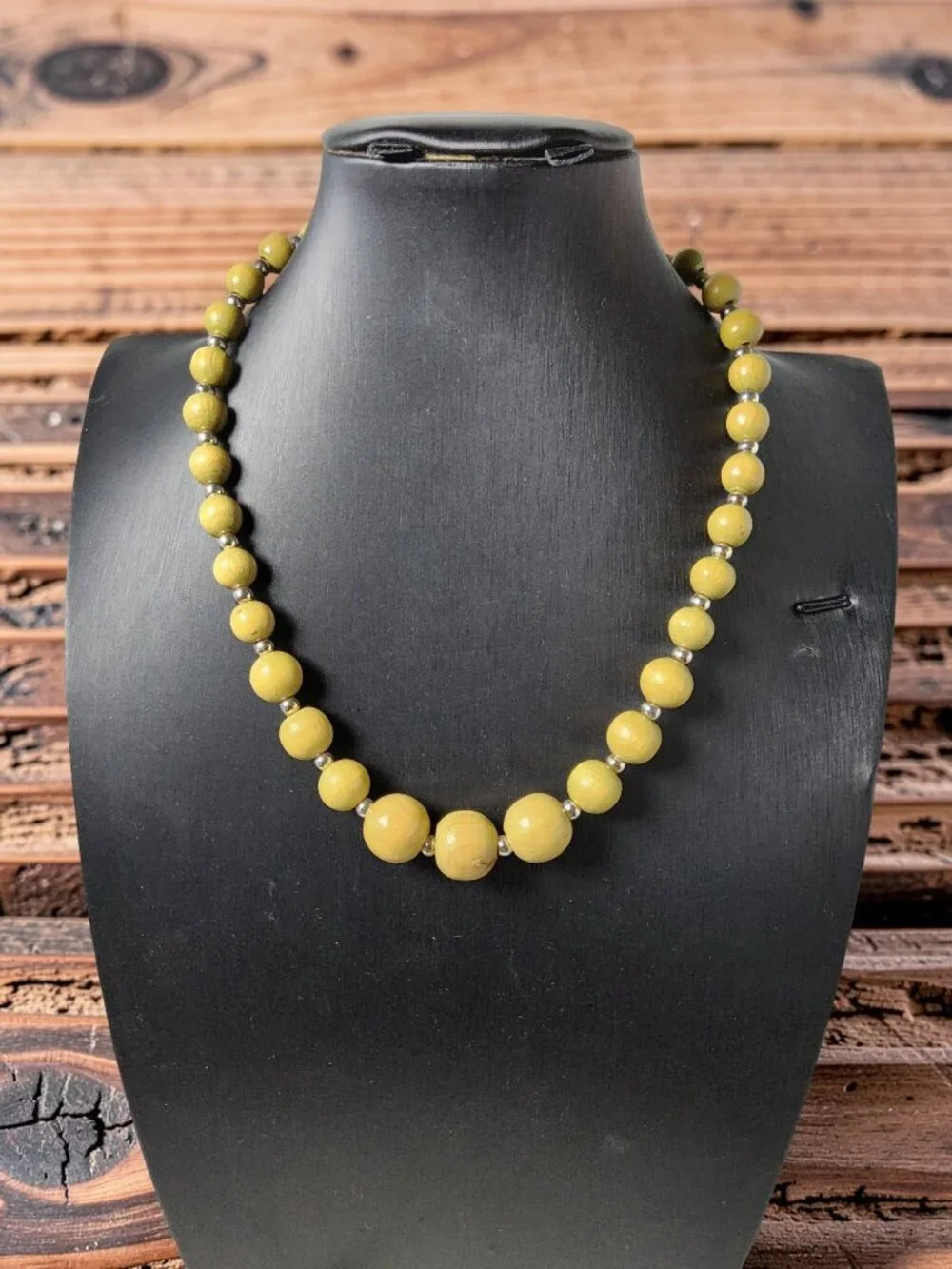 vintage polished olive wooden and silver metal beaded single row necklace